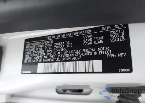 2013 Volvo Xc60 3.2 из США, поврежденный, VIN YV4940DZ6D2406635